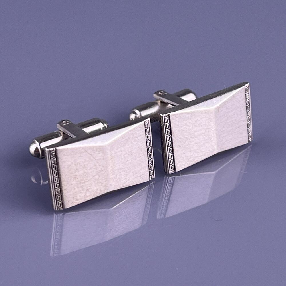 Greek Key Rectangle Faceted Cufflinks Silver Tone Brushed Metal Hickok Vintage